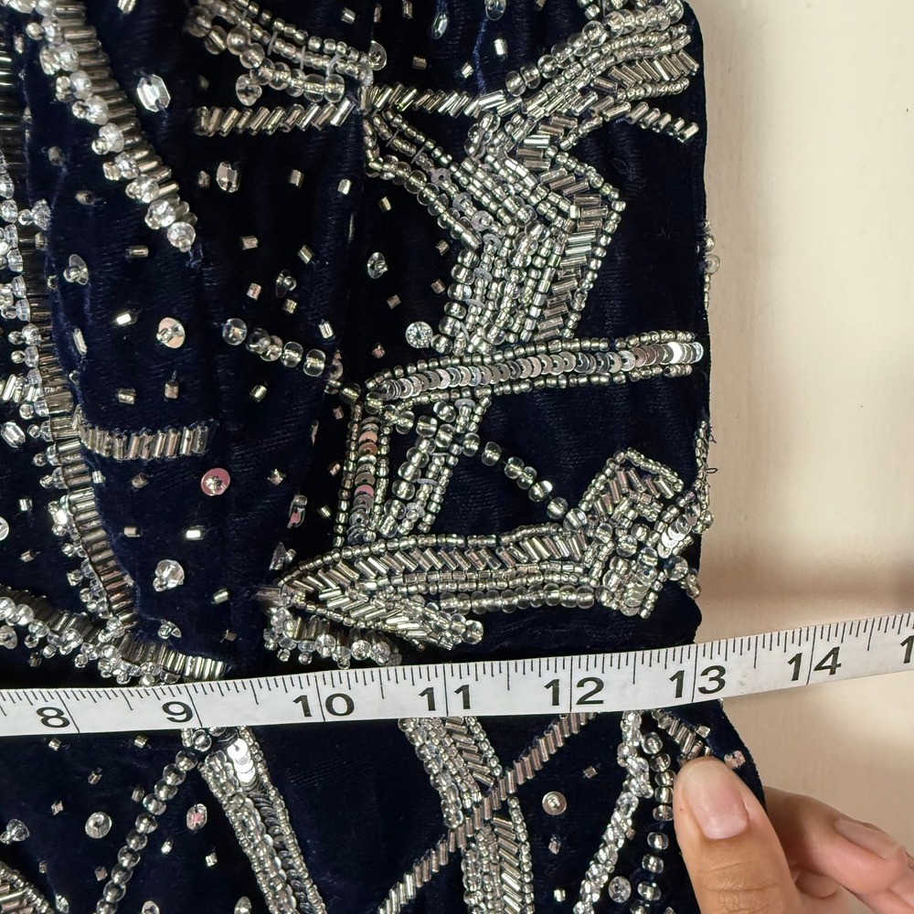 ASOS Navy Blue Velvet Sequin Geometric Print Spaghetti Strap Jumpsuit - Picture 14 of 16